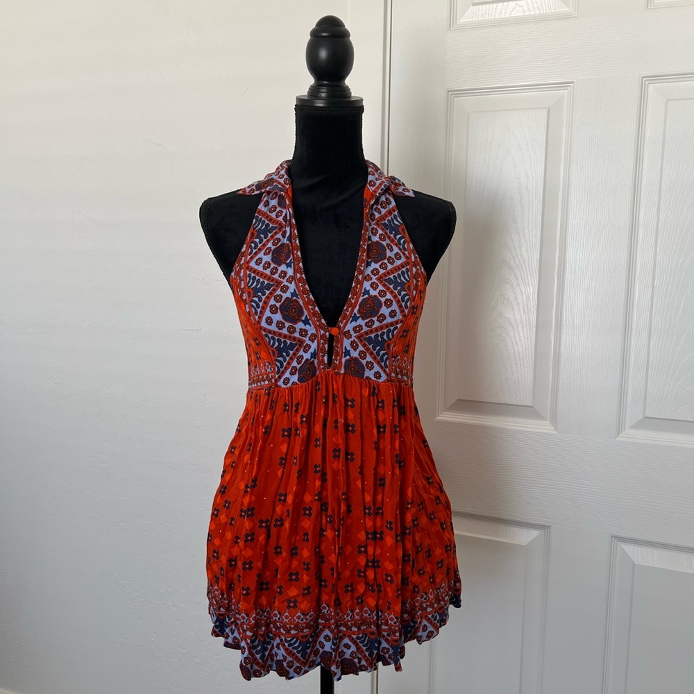 Free People Charlotte Tunic Top in Red-Orange and Blue | Size Small
